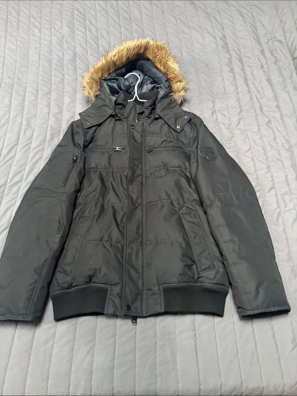 Buffalo David Bitton Men's Black Insulated Hooded Winter Jacket with Faux Fur
